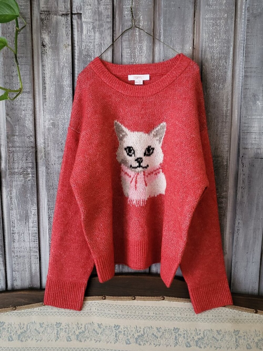 ESPRIT Red Cat Intarsia Knit Graphic Pullover Sweater Size M NWOT